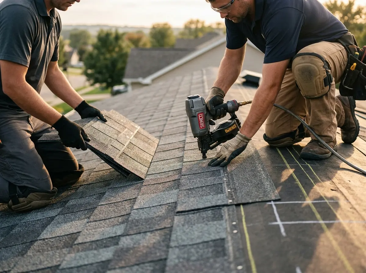 Professional roofer working on a residential roof in Plumsted